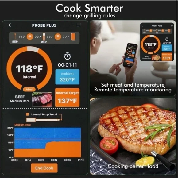 Smart Wireless Meat Thermometer with Thinnest Probe, Bluetooth Food Thermometer